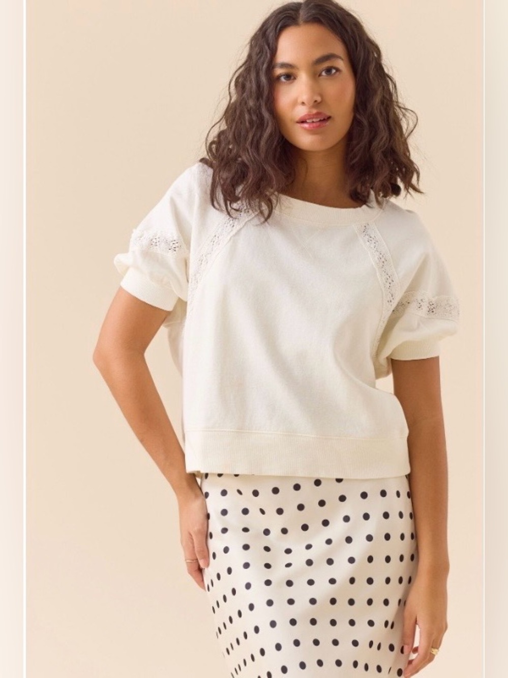 Altar’d State Ivory Lace Crochet Short Sleeve Cropped Sweatshirt Size Medium NWT